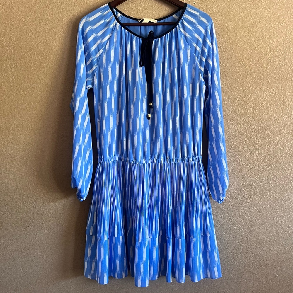Michael Kors Blue and White Pleated Mini Dress Size Medium